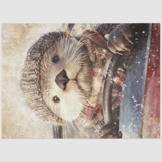 Dekoupage Whimsical Otter in Hat Driving Car Seidenpapier (Vorderseite)