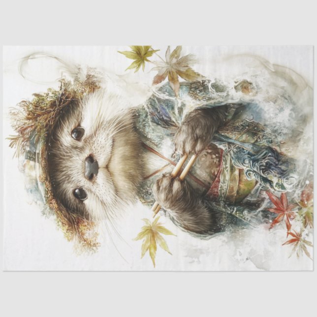 Dekoupage Whimsical Otter Japanisch Kleidung Seidenpapier (Vorderseite)