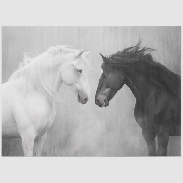 Dekoupage Whimsical Schwarz-weiß Horses Interaktio Seidenpapier (Vorderseite)