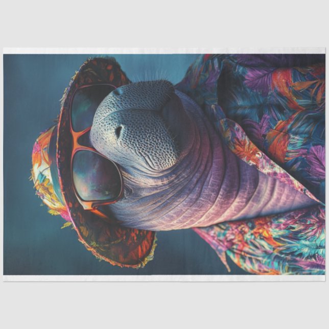 Dekoupage Whimsical Vibrant Colored Beach Manatee Seidenpapier (Vorderseite)