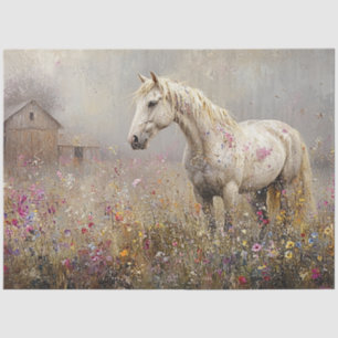 Dekoupage Whimsical White Horse Field of Blume Seidenpapier