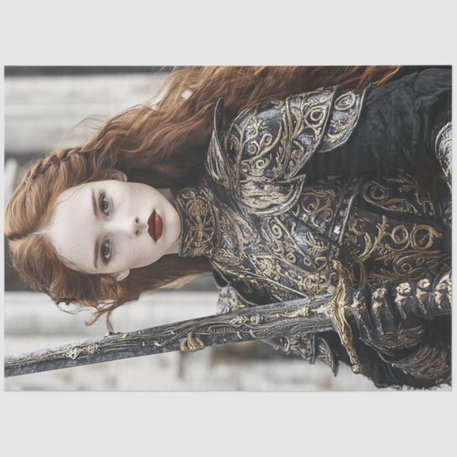 Dekoupage Woman Red Hair Intricate Rüstungsschwert Seidenpapier (Vorderseite)