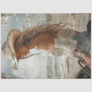Dekoupage Worn Foto von Blonde Cowgirl auf Pferd Seidenpapier