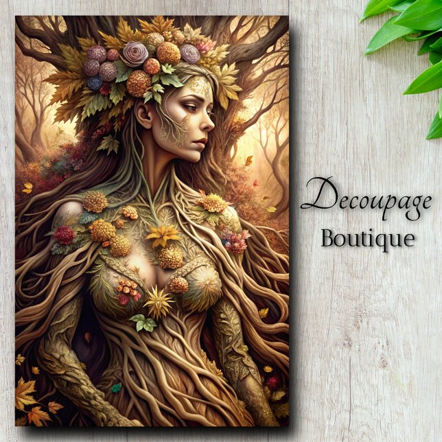 Dekoutseite der Waldgöttin des Herbstes Seidenpapier (Autumn's Embrace Forest Goddess Decoupage Tissue Paper)
