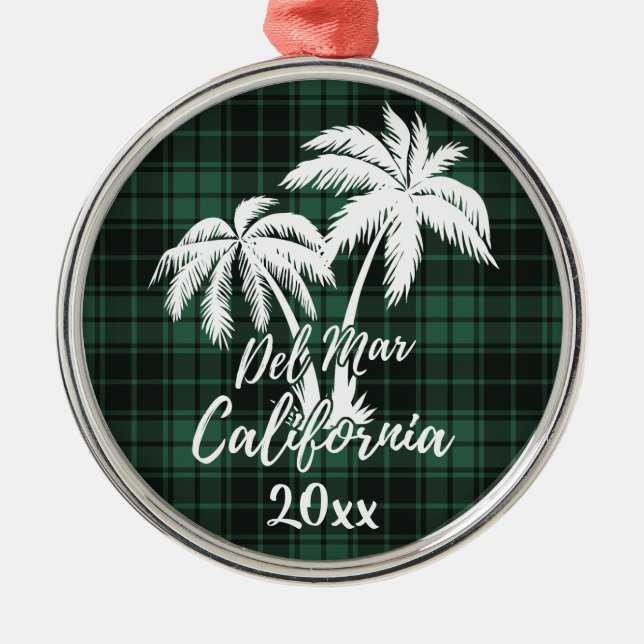 Del Mar California Beach Palm Tree Green Kariert Ornament Aus Metall (Vorne)