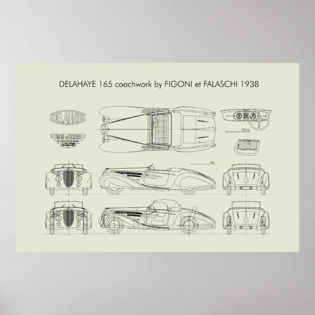 Delahaye 165 Figoni und Falaschi Blueprint Poster (Vorne)