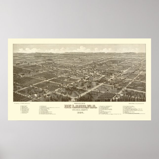 DeLand, FL Panoramic Map - 1884 Poster (Vorne)