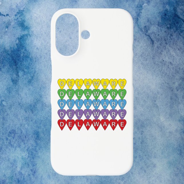 Delaware Colorful Hearts Case-Mate iPhone Hülle (A phone case with yellow, green, blue, purple and red hearts that say Delaware)