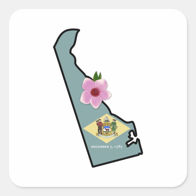 Delaware-Flagge mit Staat-Blume Peach-Blossom Quadratischer Aufkleber (Vorderseite)