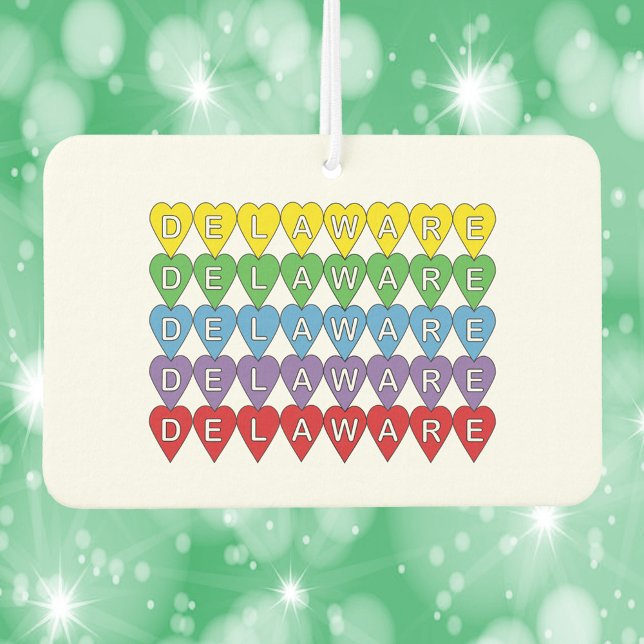 Delaware Hearful Colorful Autolufterfrischer (An air freshener that says Delaware with yellow, green, blue, purple and red hearts.)