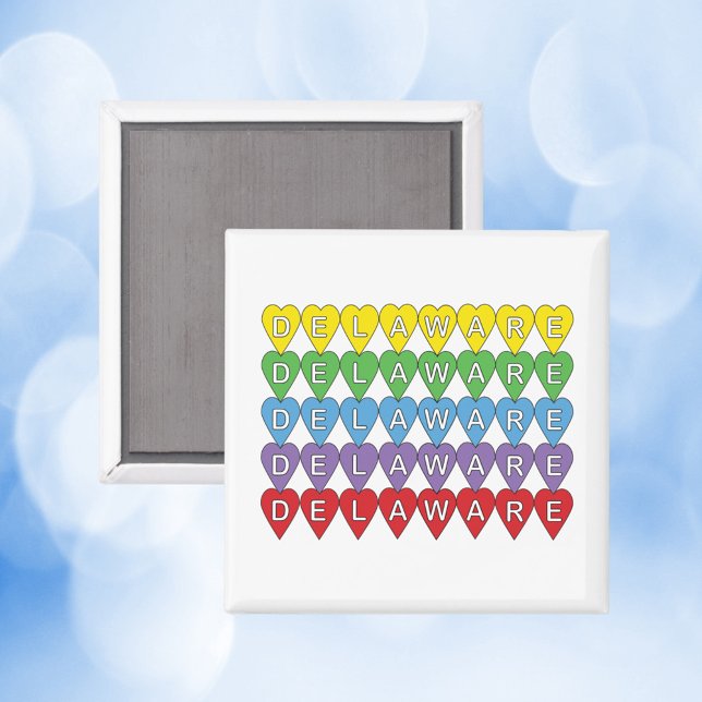 Delaware Hearful Muster Magnet (A magnet with yellow, green, blue, purple and red hearts that spell out Delaware.)
