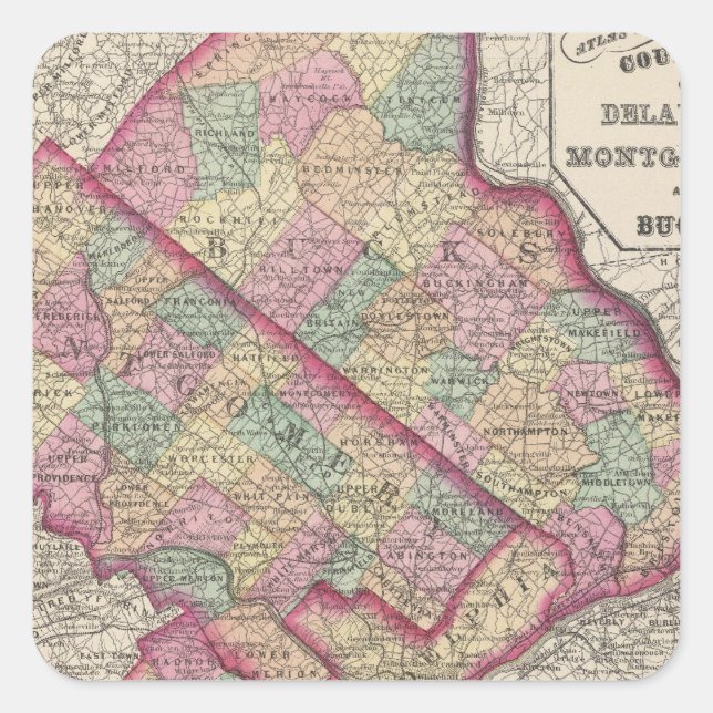 Delaware, Montgomery, Bucks Landkreises Quadratischer Aufkleber (Vorderseite)