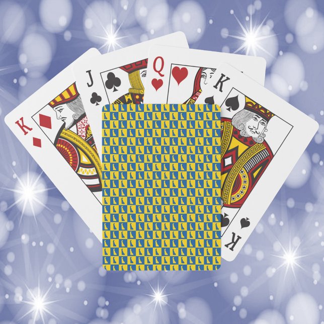 Delaware Outline Blue and Gold Checkerboard Patter Spielkarten (A deck of playing cards featuring a pattern of Delaware done in blue and yellow gold.)