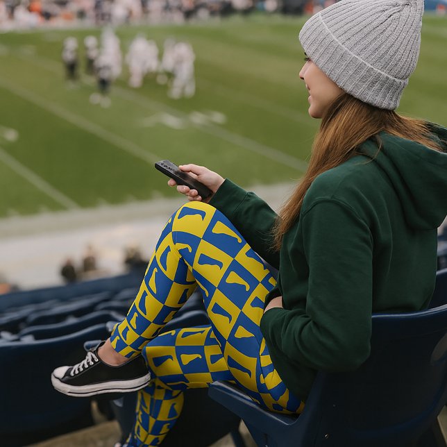 Delaware Pop Art Blau Gold Muster Leggings (A pair of leggings with a blue and yellow gold design featuring the US state of Delaware.)