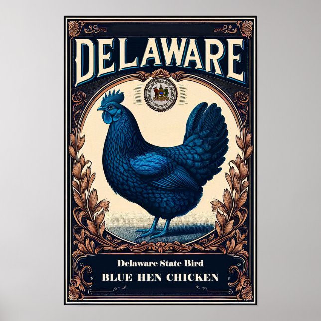 Delaware Staat Bird - Blue Hen Chicken Vintag Poster (Vorne)