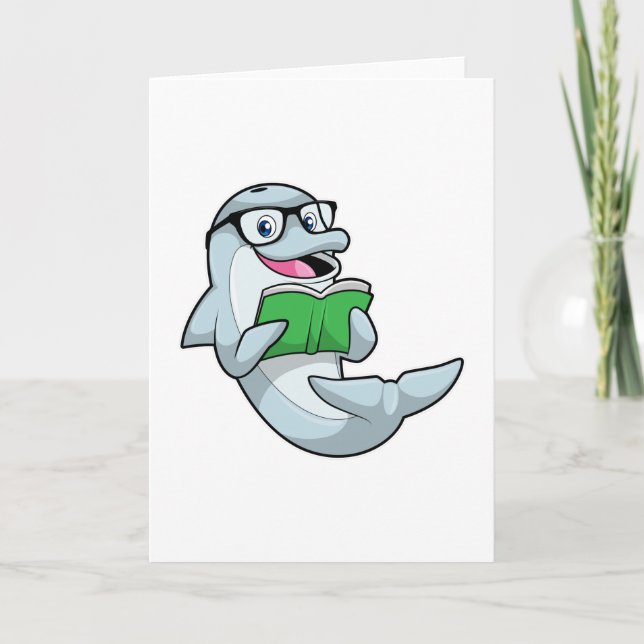 Delfin als Streber mit Brille und Buch Karte (Vorderseite)