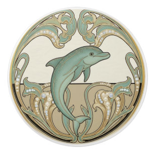 Delfin Grün Creme & Gold Art Deco Nouveau Ozean Keramikknauf