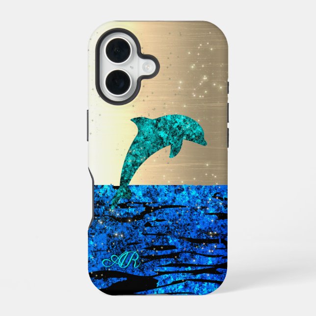 Delfin im Meer, funkelnd, monogrammiert  iPhone 16 Hülle (Rückseite)