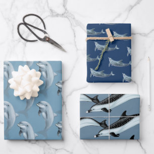 Delfin-Muster Blau Geschenkpapier Set