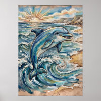 Delfin-Ozeanwelle-Wasserfarbenposter
