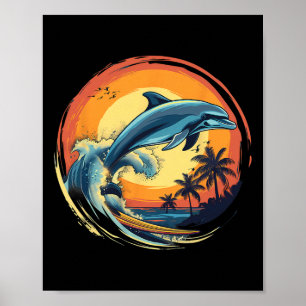 Delfin-Surfen-Sonnenuntergang-Meer-Ozean-Delfin-Me Poster