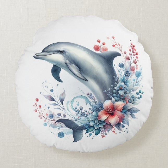 Delfin und Blume Rundes Kissen (Vorderseite)