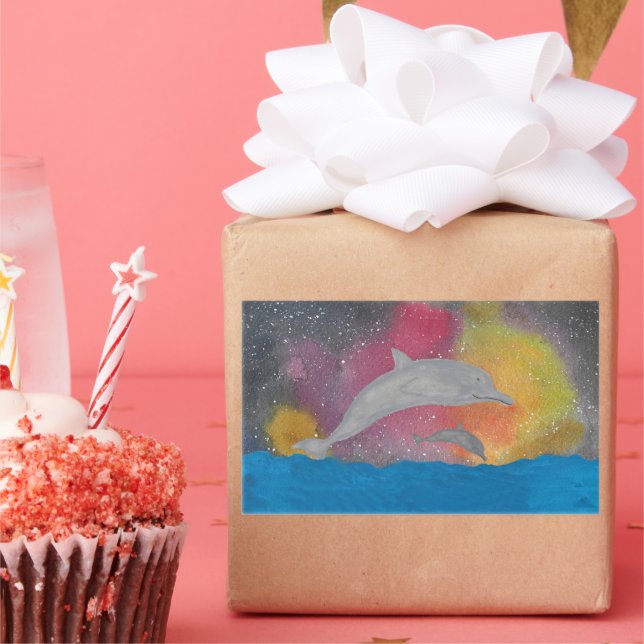 Delfine gegen einen galaktischen Himmel Rechteckiger Aufkleber (Party)