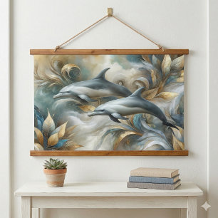Delfine Golden Botanischer Traumlandschaft Wandteppich Mit Holzrahmen