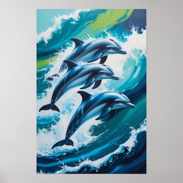 Delfine springen durch Ozeanwellen Dynamisch Marin Poster (Vorne)