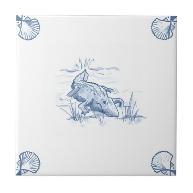 Delft-Alligatorfliese mit Muschel-Ecken Fliese (Vorderseite)