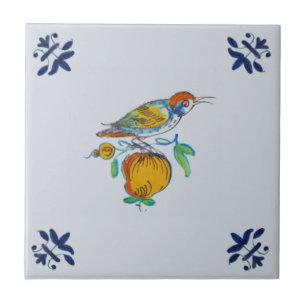 Delft Bird auf Zweig mit Fruit Repro c. 1650 Fliese