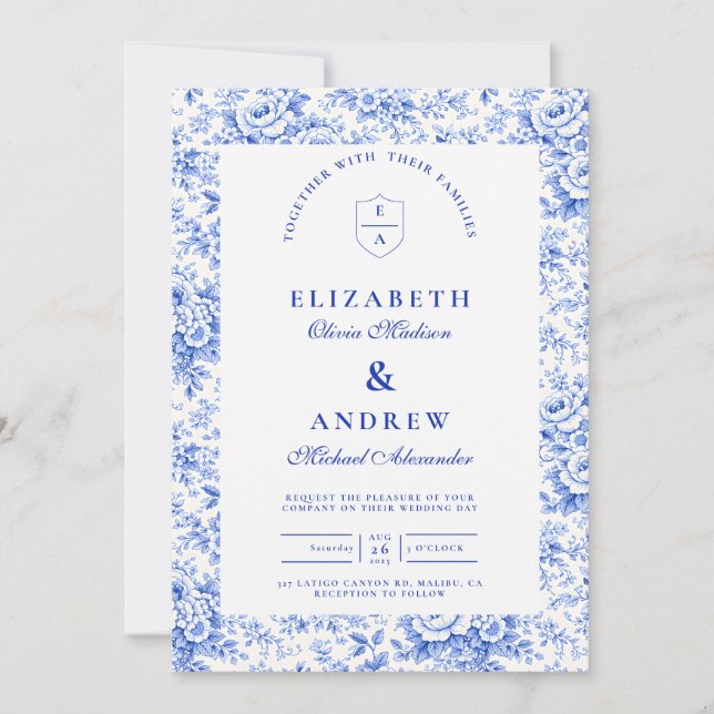 Delft-Blau-Chinoiserie-Hochzeit Einladung (Vorderseite)