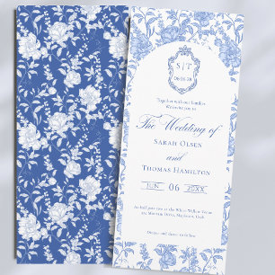 Delft Blau Floral Chinoiserie Monogram Hochzeit Einladung
