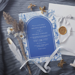 Delft Blau Weiße Chinois Blumen Elegante Hochzeit Einladung
