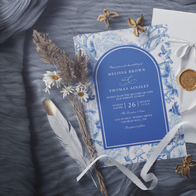 Delft Blau Weiße Chinois Blumen QR-Code Hochzeit Einladung (Von Creator hochgeladen)