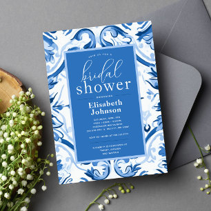 Delft Blau Weiße Florale Moderne Hochzeitsdusche Einladung