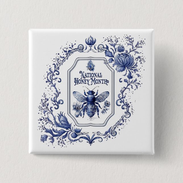 Delft Blaue Honigbiene & Blumen Button (Vorderseite)