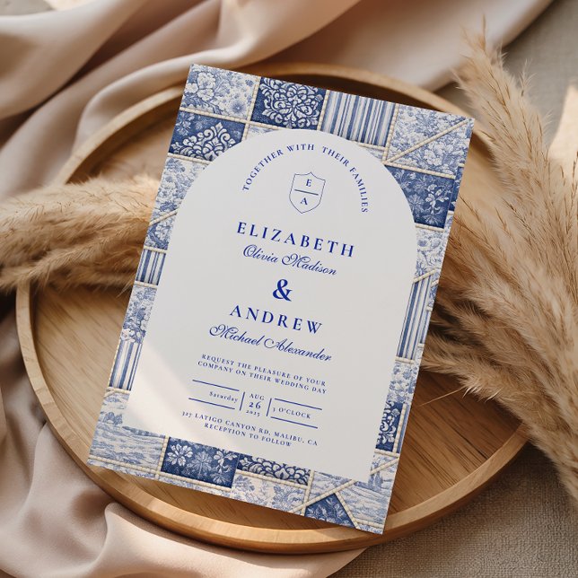 Delft Blaues Patchwork-Toile-Hochzeitstuch Einladung (Von Creator hochgeladen)
