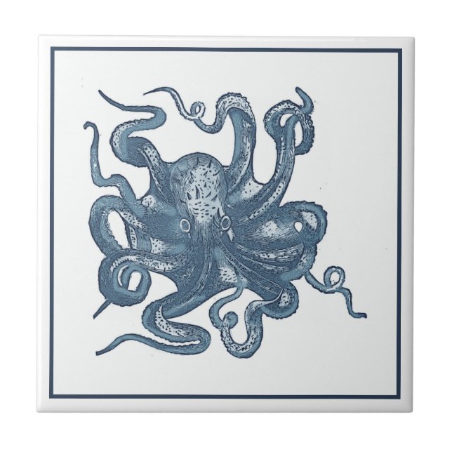Delft-Blaues Vintage-Steampunk-Oktopus oder Teufel Fliese (Vorderseite)
