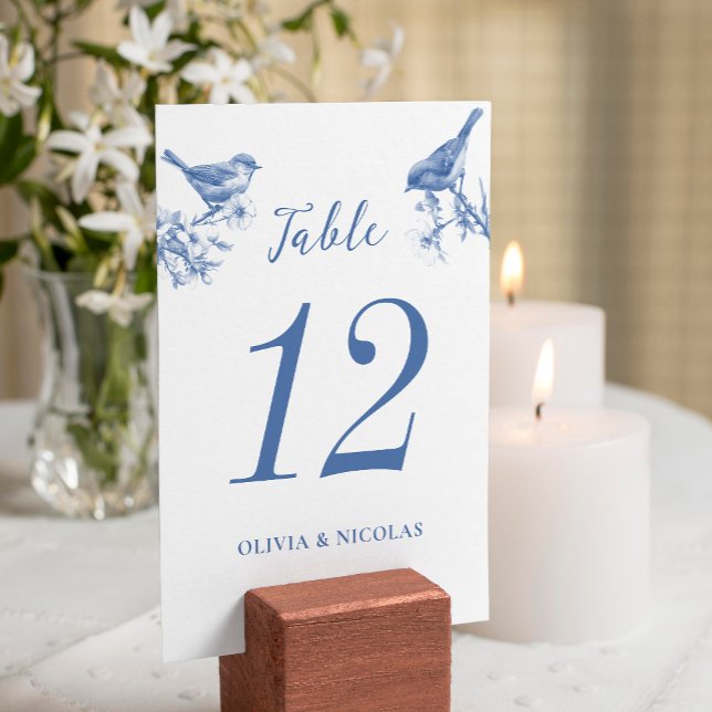 Delft Blue Birds Frühlings-Hochzeitstischkarte Tischnummer (Von Creator hochgeladen)