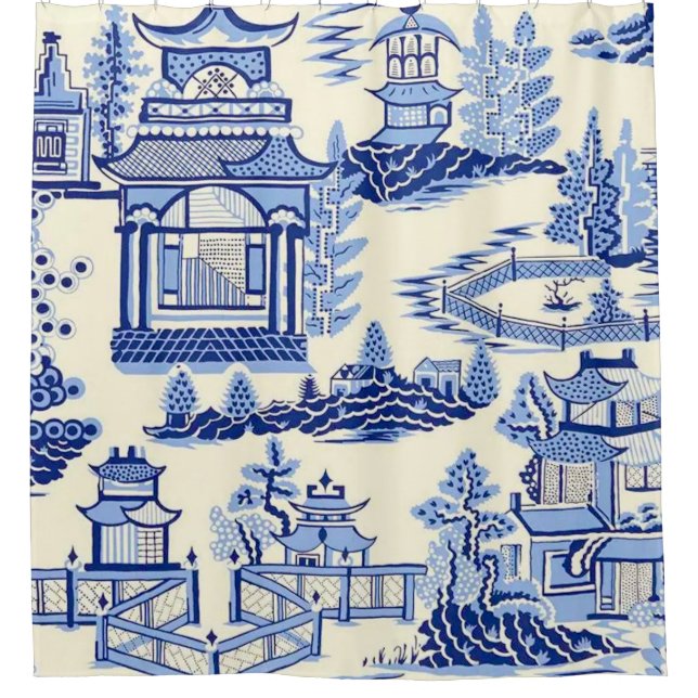 Delft Blue China Ming Dynastie Teehaus Duschvorhang (Vorderseite)