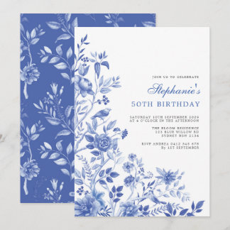 Delft Blue Chinoiserie Floral Women 50. Geburtstag Einladung