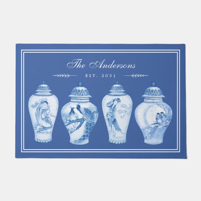 Delft Blue Chinoiserie Ginger Jars Family Monogram Fußmatte (Vorderseite)