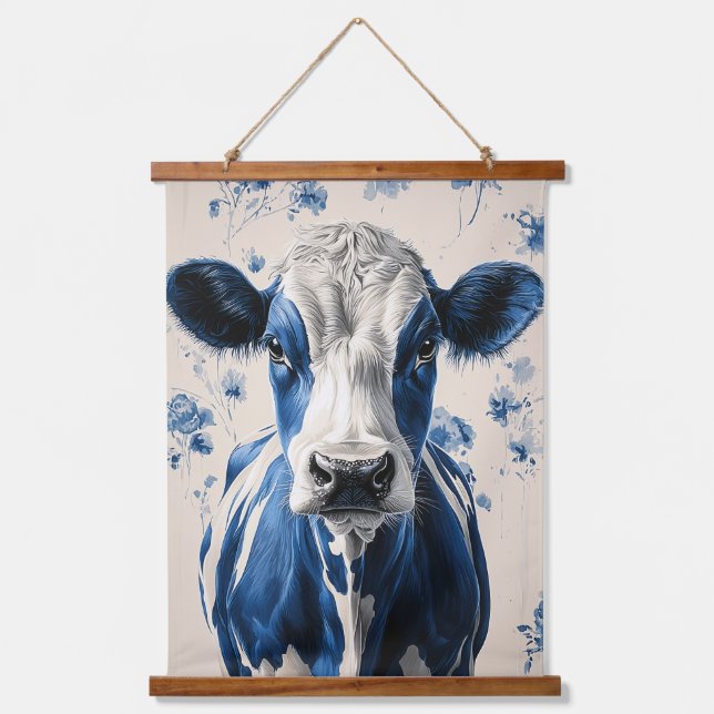 Delft Blue Cow - Eine zeitlose künstlerische Homma Wandteppich Mit Holzrahmen (Vorderseite)