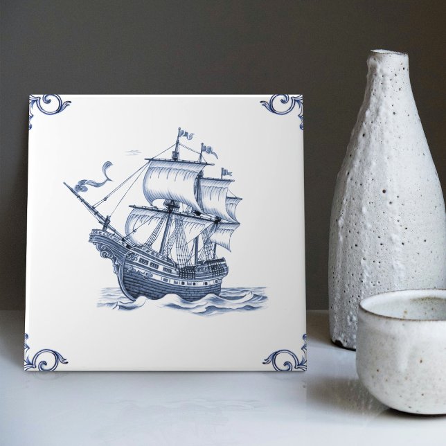 Delft Blue Dutch Style Frigate Schooner Segelboot Fliese (Von Creator hochgeladen)