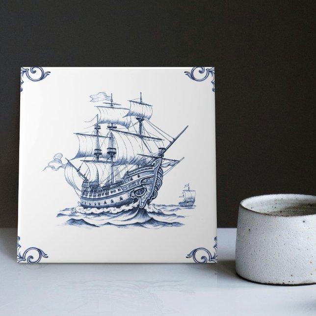 Delft Blue Dutch Style Frigate Schooner Segelboot Fliese (Von Creator hochgeladen)