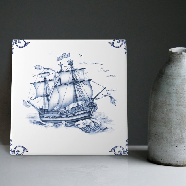 Delft Blue Dutch Style Frigate Schooner Segelboot Fliese (Von Creator hochgeladen)