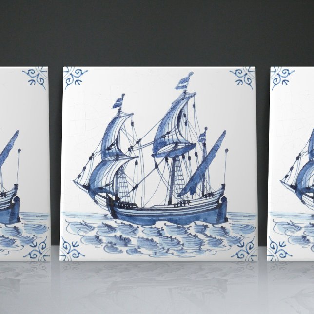 Delft Blue Dutch Style Frigate Schooner Segelboot Fliese (Von Creator hochgeladen)