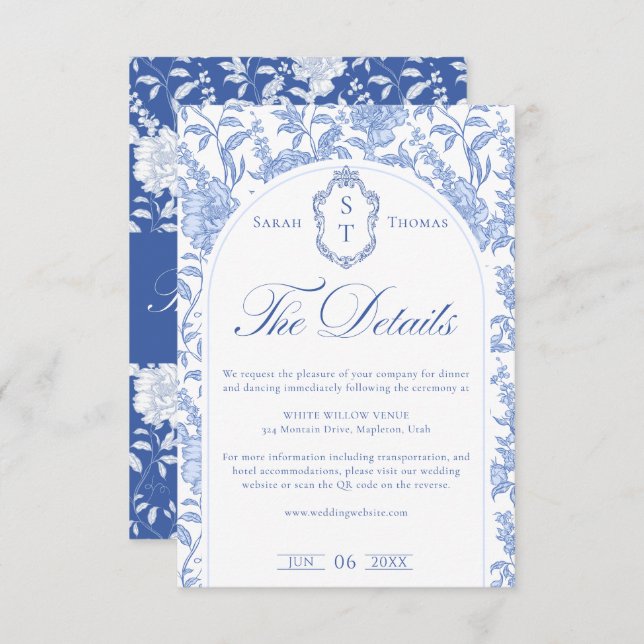 Delft Blue Floral Chinoiserie Monogram Wedding Begleitkarte (Vorne/Hinten)
