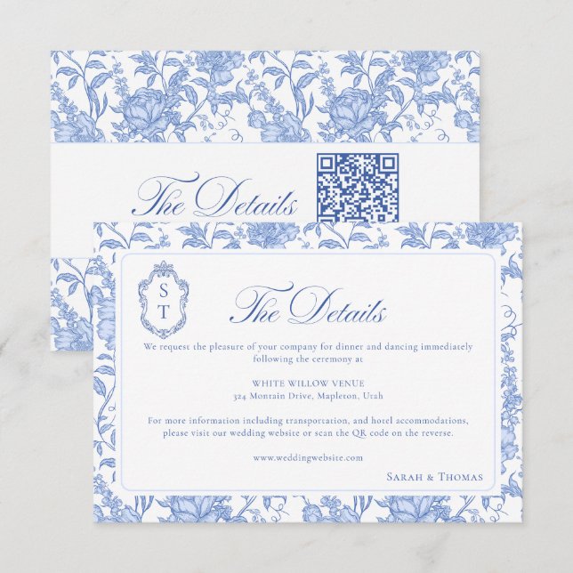 Delft Blue Floral Chinoiserie Monogram Wedding Begleitkarte (Vorne/Hinten)